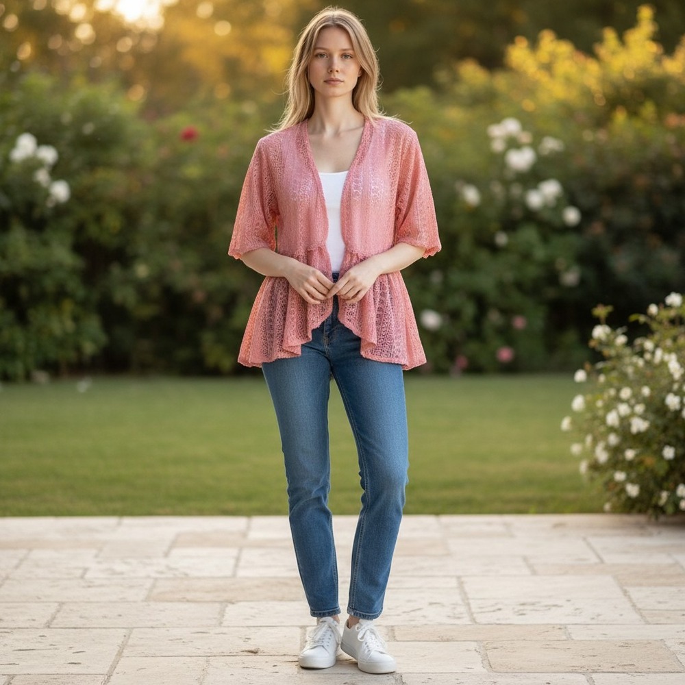 Forever Me Peach Lace Cardigan Open Front Crochet Look Lightweight Sz 14-16